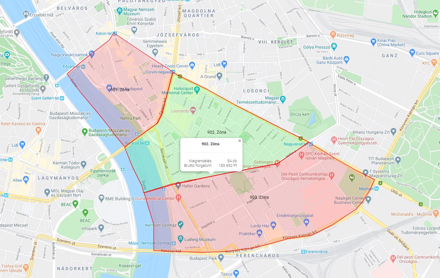 OrderManager szállítási zóna forgalmi kimutatás térképes nézetben