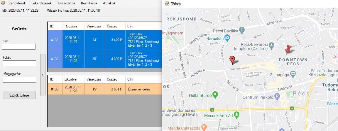 OrderManager rendeléskezelő felülete térképes nézetben, a kiszállítási címekkel